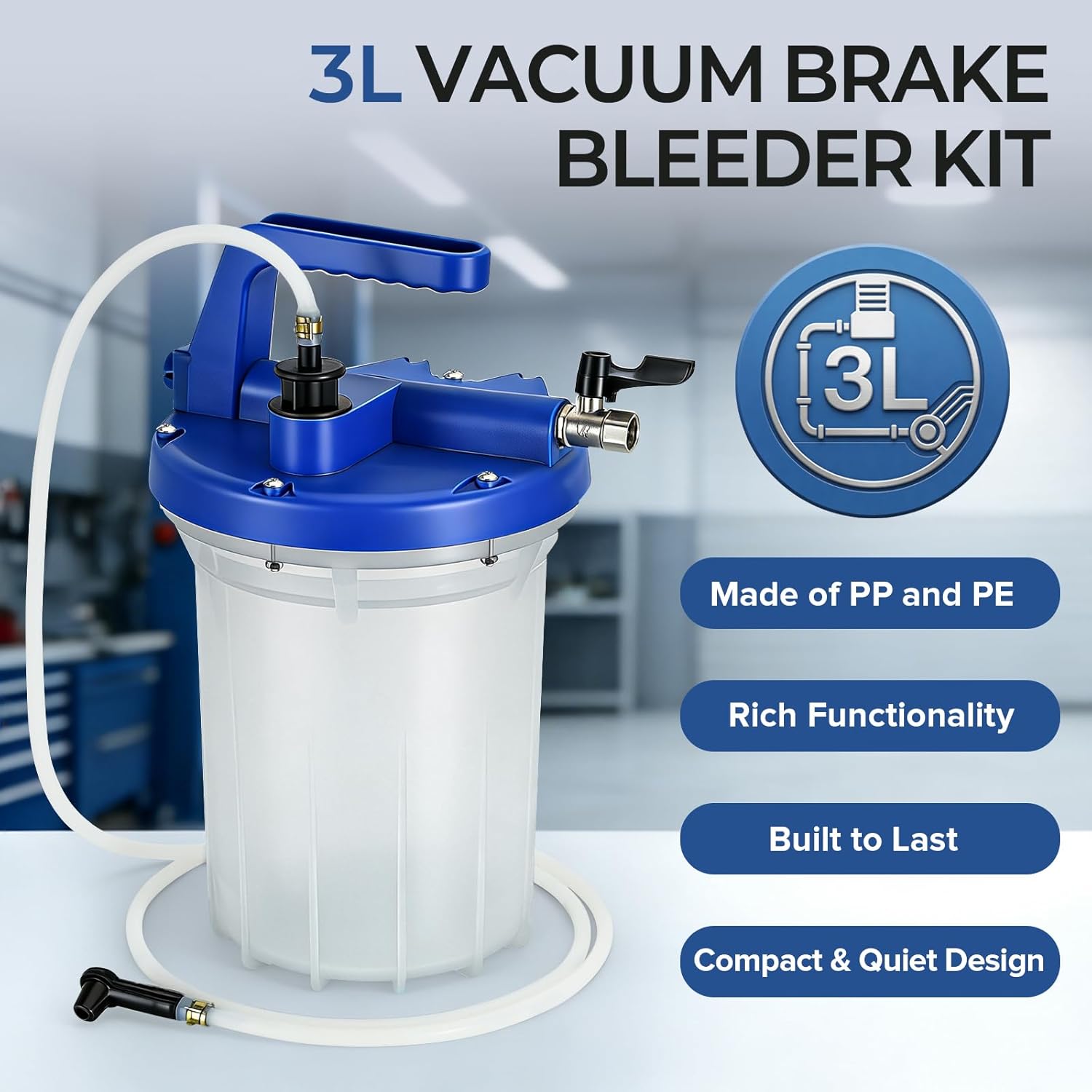 3L Vacuum Brake Bleeder Kit, Vacuum Pump Kit, ABS Brake Bleeding Tool with Large Tank, Lightweight Precision Flow Control System, Suitable for Cars, Motorcycles, Trucks, and SUV
