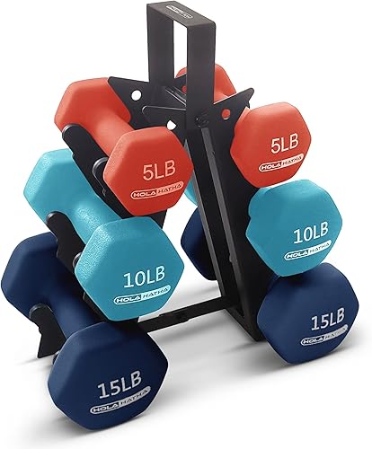 Miniatura 6 de HolaHatha - Juego de mancuernas de neopreno y estante para entrenamiento en casa, 60 lb, azulrojo