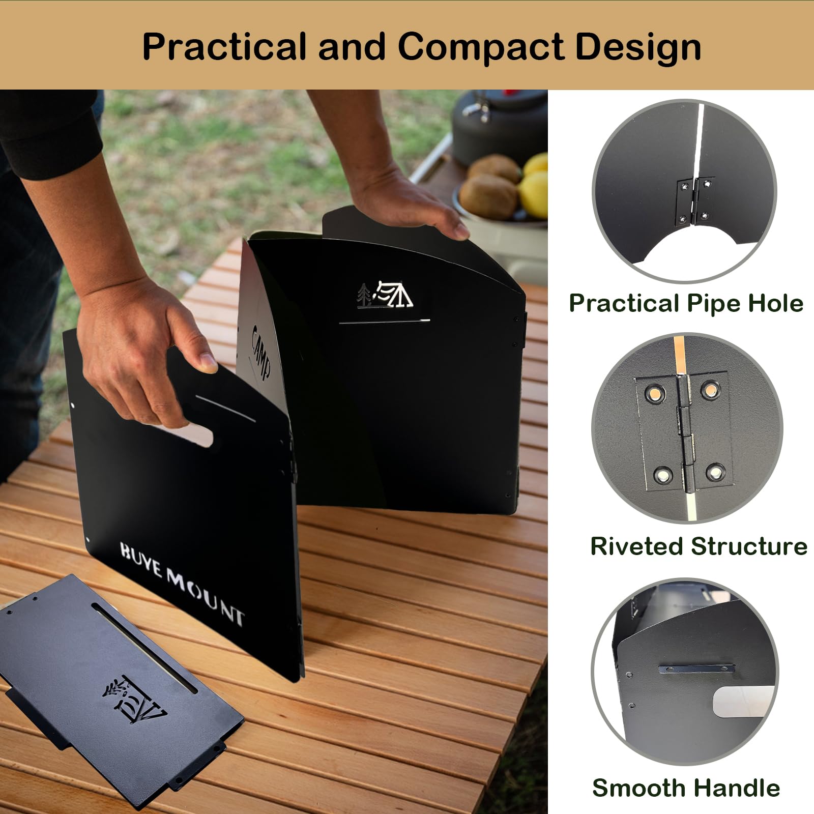 Parabrisas plegable para estufa de camping, 4 placas de acero inoxidable con tablero de estante para exteriores, picnic, mochilero y cocina, color negro