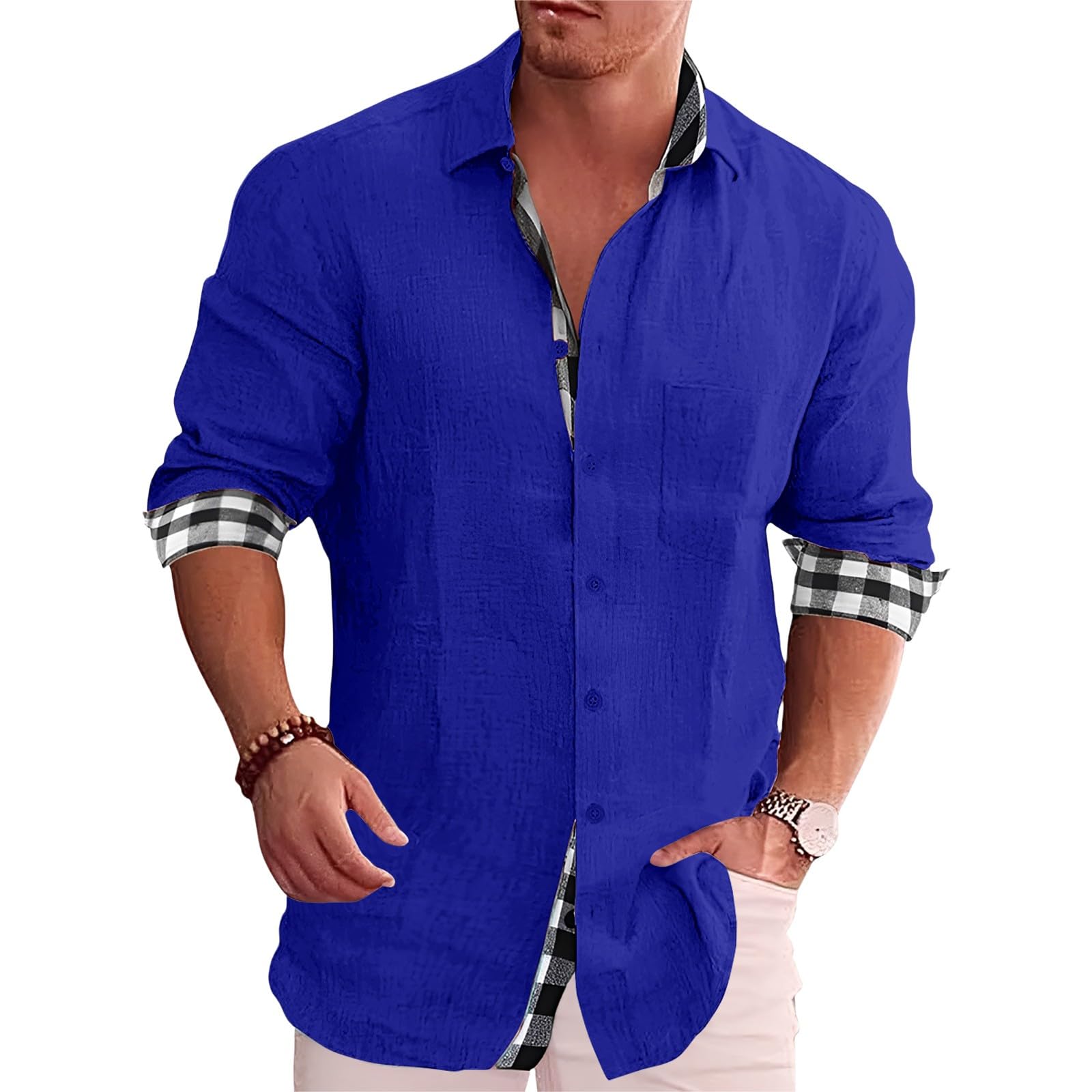 Mens Dress Shirts Casual Long Sleeve Classic Style Button Down T-Shirt Fashion Plaid Collared Shirt Lightweight Tops