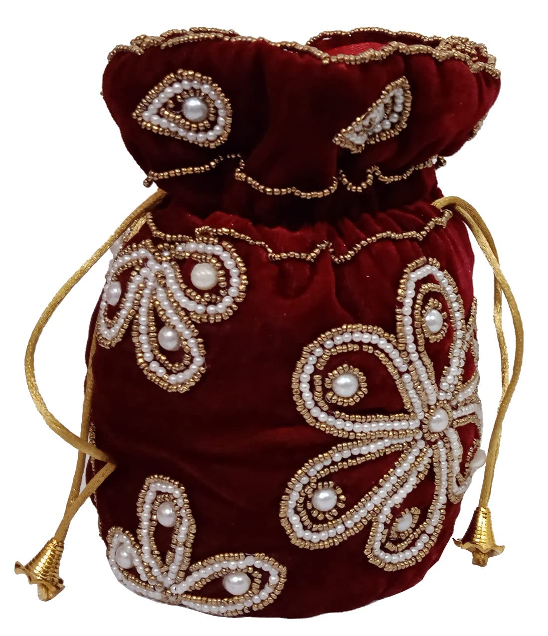 Purpledip Women's Chenille Intricate Bead Work Drawstring Potli Bag (Maroon, 12396G) 2