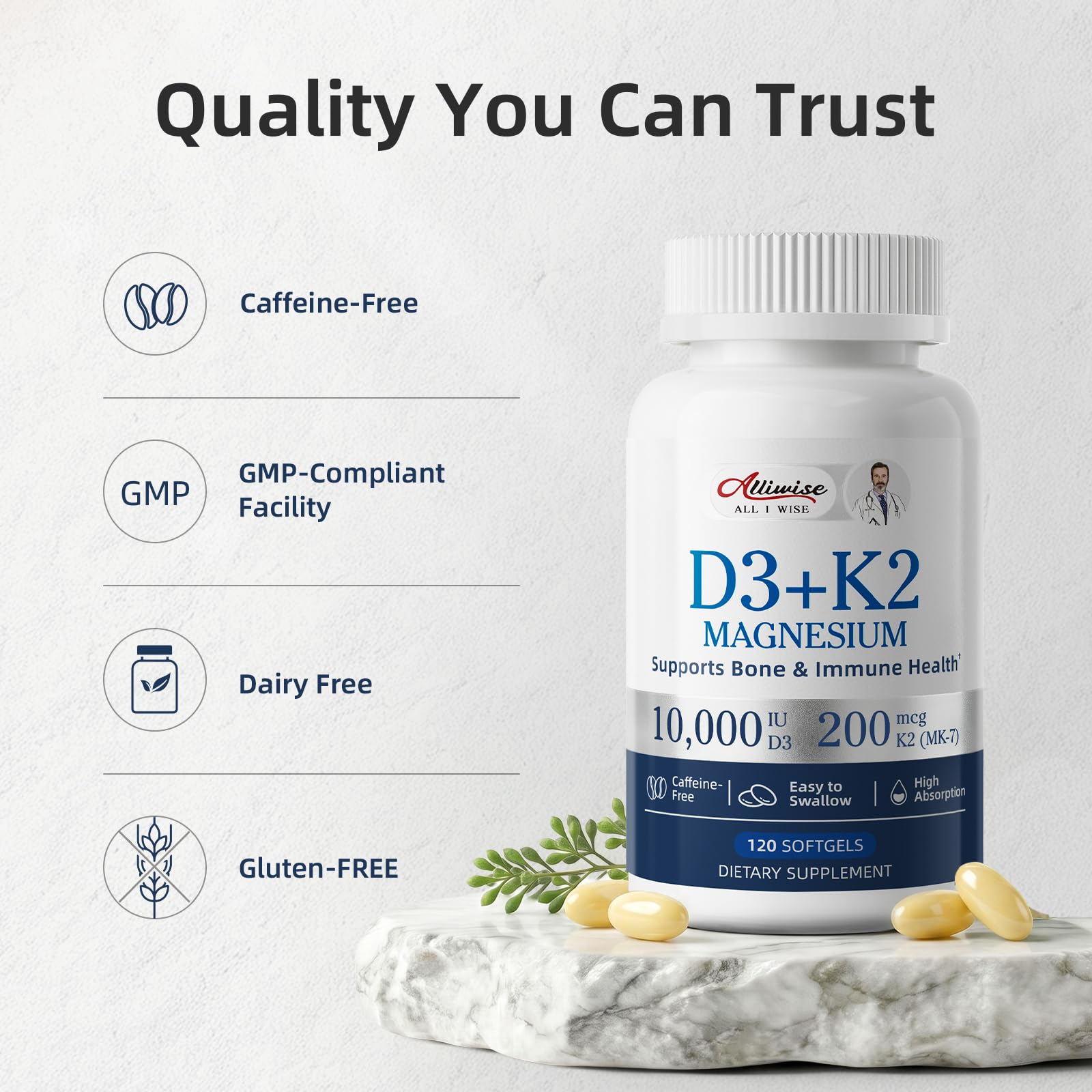 Alliwise D3 K2 Vitamin 10000 IU with Magnesium Complex Softgels, 120 Count — Amazon image 5