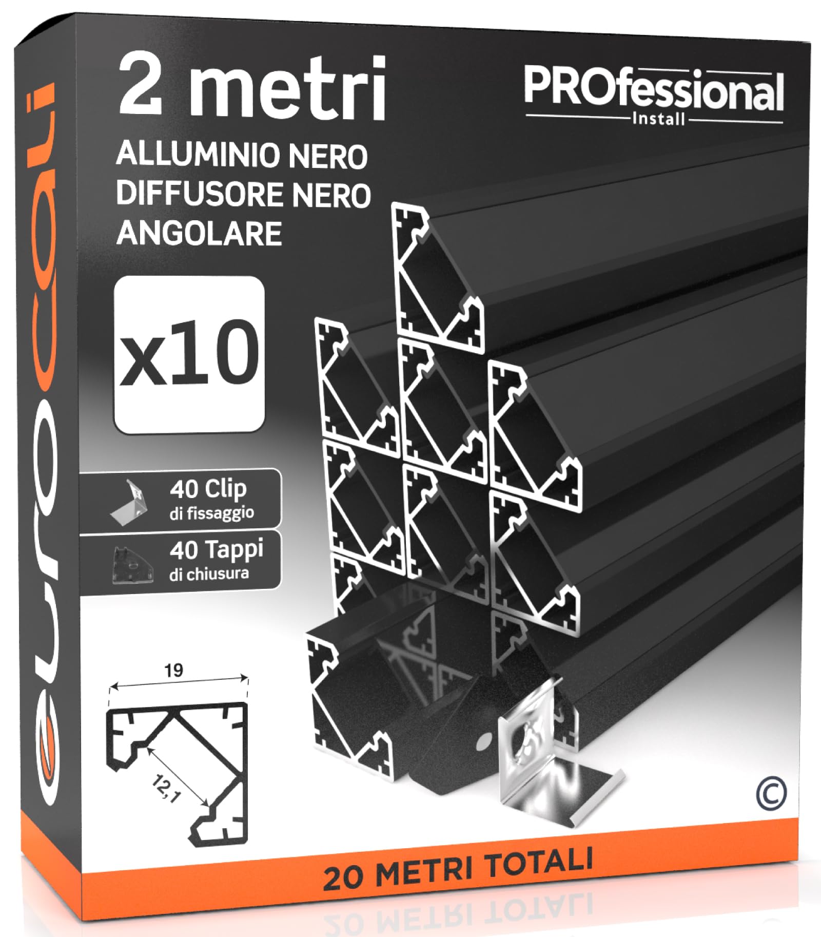 Eurocali 10x Profili Angolari da 2 metri (20mt) in Alluminio Nero per Strisce LED Copertura Opaca - larghezza max striscia led 12.1mm - 19 x 19