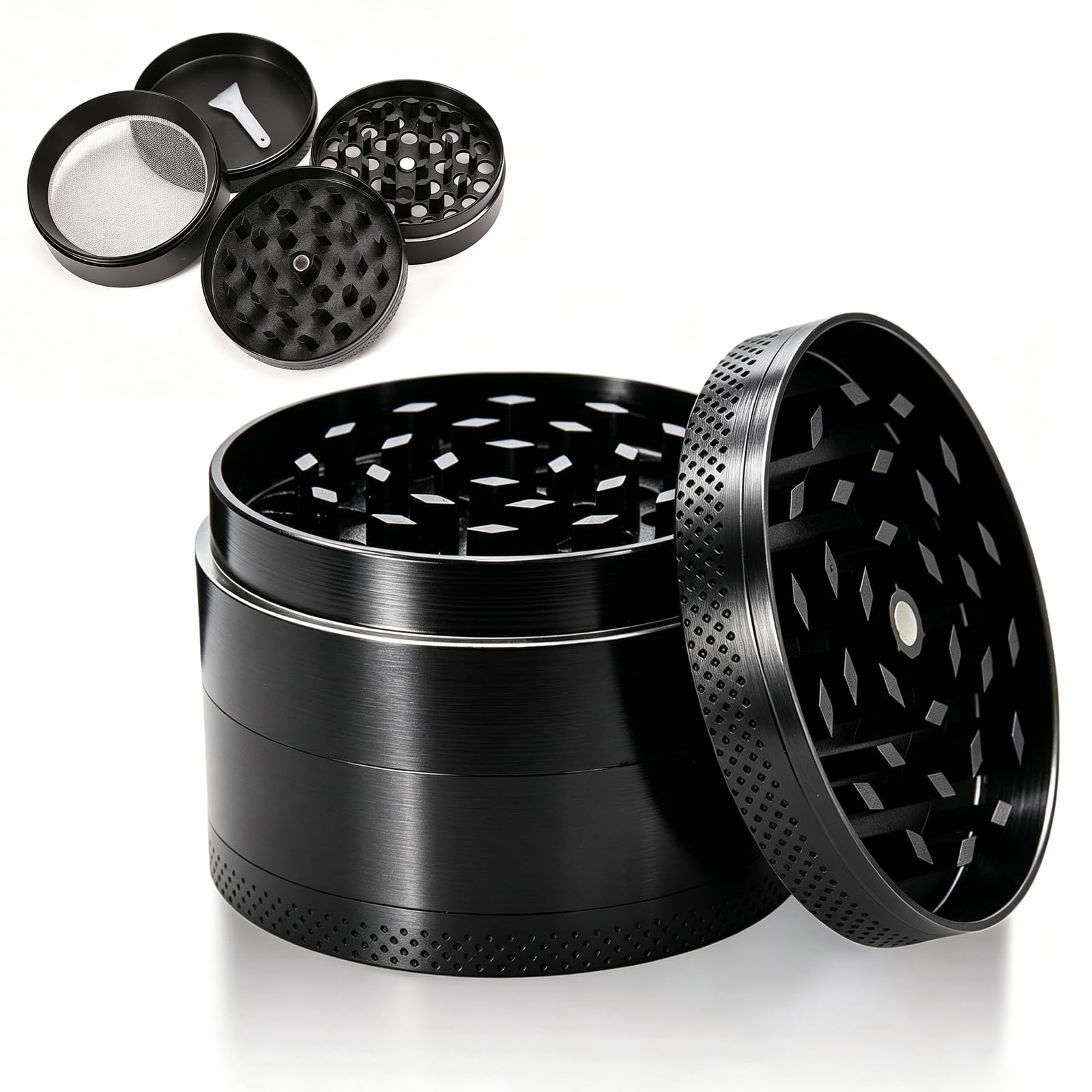 Herb Grinder, Large Spice Grinder, 4 Layers Portable Zinc Alloy Metal Grinders with Sifter, Pollen Scraper and Cleaning Brush for Dry Herb and Spices Black 63mm (2.48 inch)
