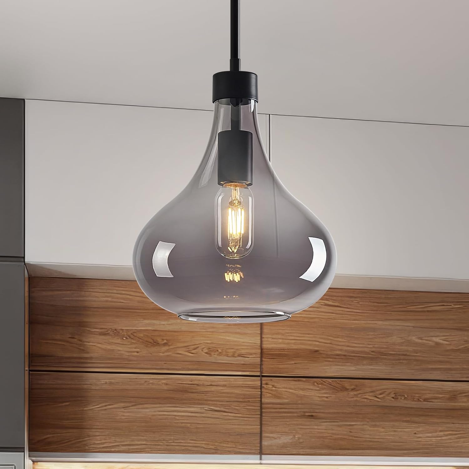 Modern Glass Pendant Light 9.44 in Smoke Gray Glass Shade Black Farmhouse Island Pendant Lights for Kitchen Pendant Lighting Over Sink Bedroom Dining Room