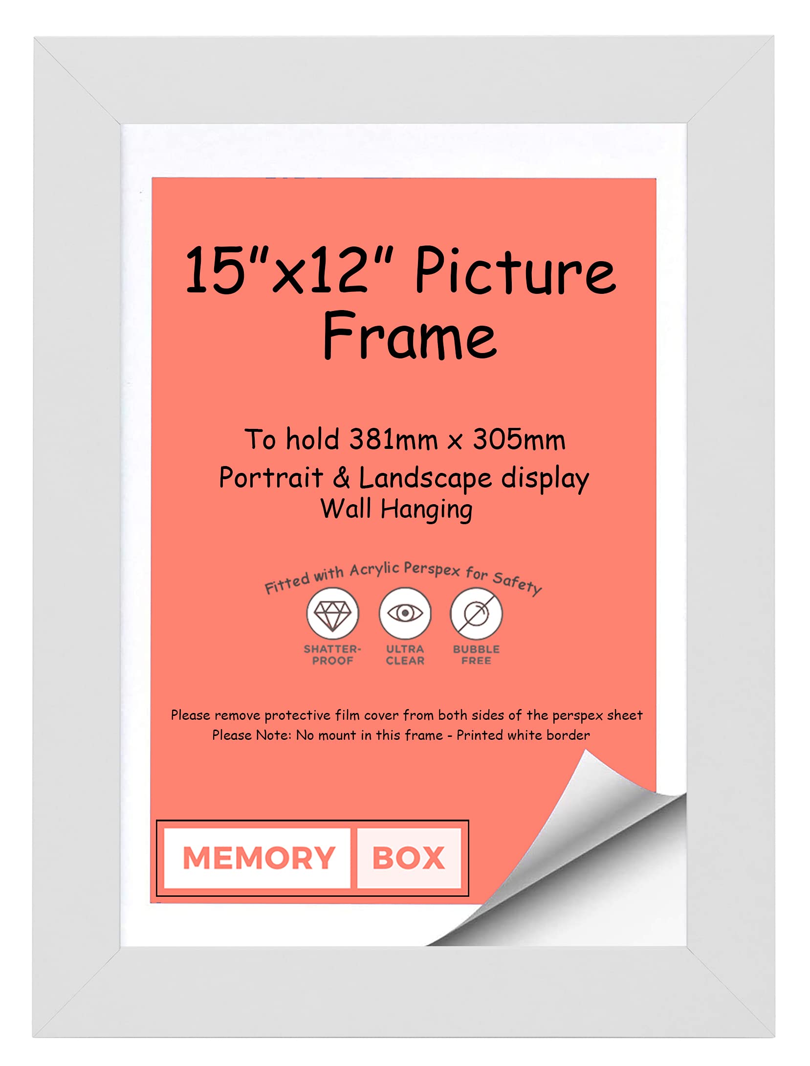 Memory Box Wrapped MDF Picture/Photo/Poster frame with Real Glass - Moulding 30mm Wide and 15mm Deep - (38.1 x 30.5cm) White 15" x 12"