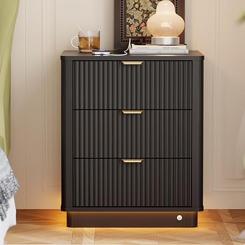 Miniatura 12 de Mesita de noche acanalada, mesa auxiliar curvada con estación de carga y iluminación, mesa de madera con 2 cajones, gabinete de almacenamiento