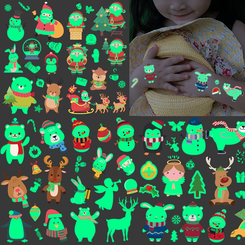 Luminous Christmas Temporary Tattoos Kids, 120 PCS Christmas Fake Tattoos Glow in the Dark, Waterproof Body Stickers, Xmas Holiday Party Favors Supplies Decorations for Boys Girls Stocking Stuffers