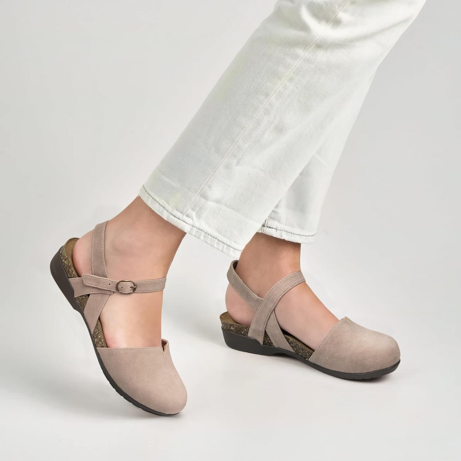 PARTY Closed Toe Sandals Women, Barefoot Arch Support Flat Sandals for Office Work and Travel with Comfortable Cork Footbed - Image 3