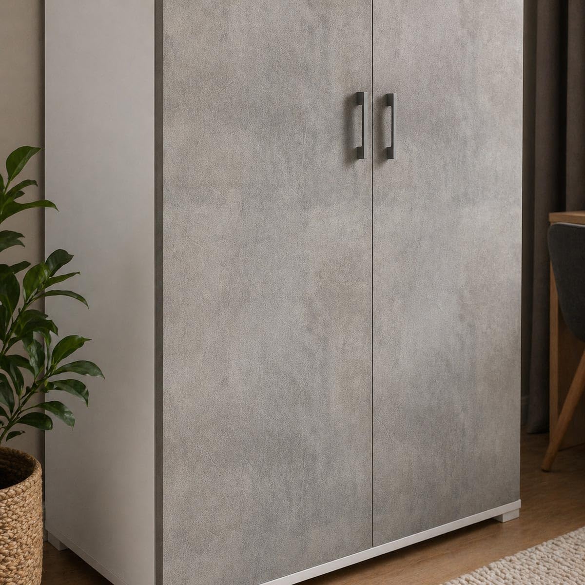 Yellowshop - Armadio mobile 2 ante 4 ripiani L90xP45xH195 cm COMPOS Bianco Rovere o Cemento texture 3d (Bianco/Cemento)