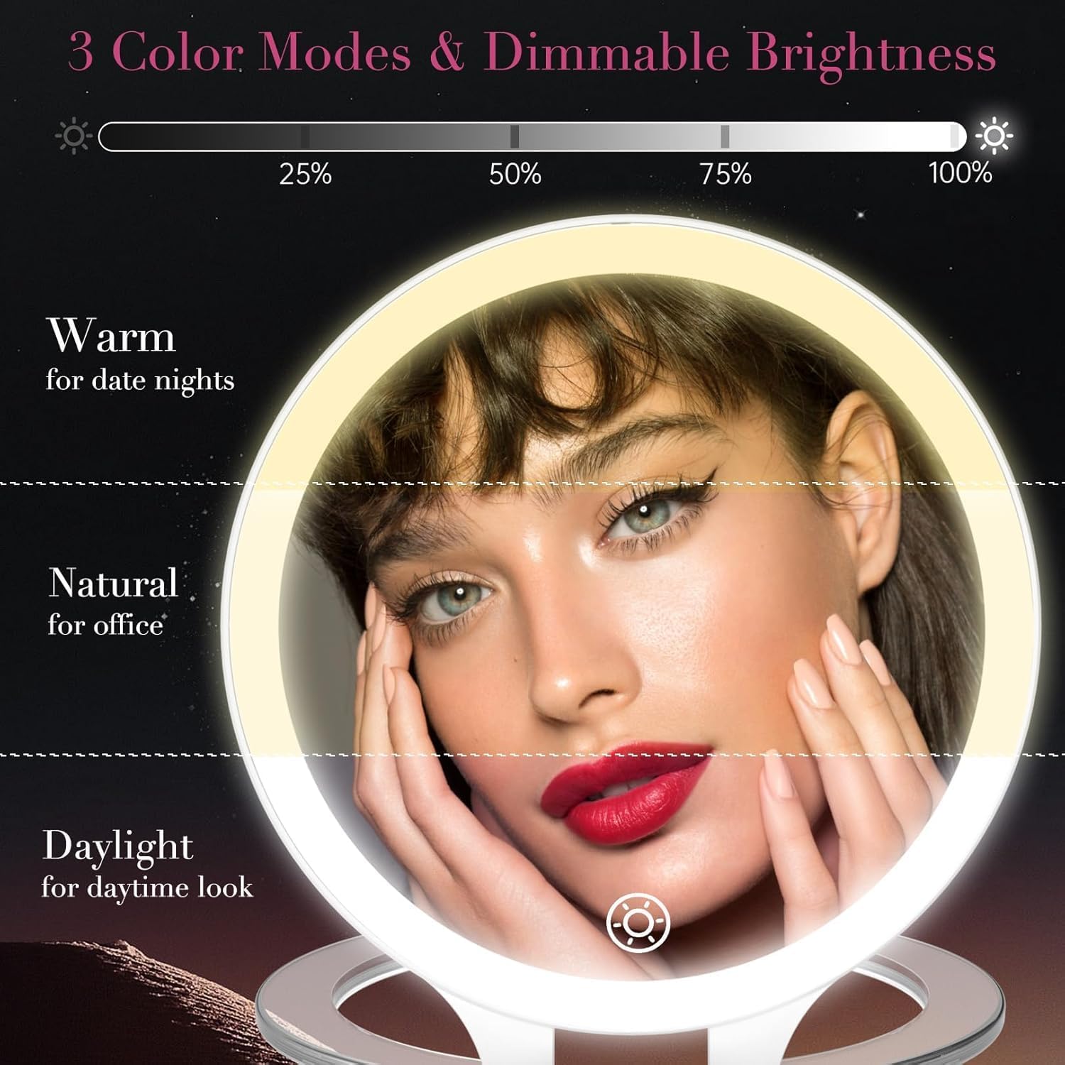 FASCINATE 30X/1X Lighted Magnifying Mirror, Rechargeable Double Sided Travel Makeup Mirror with 3 Color Lighting, Adjustable Stand, Portable Vanity Mirror, Includes Hair Clip