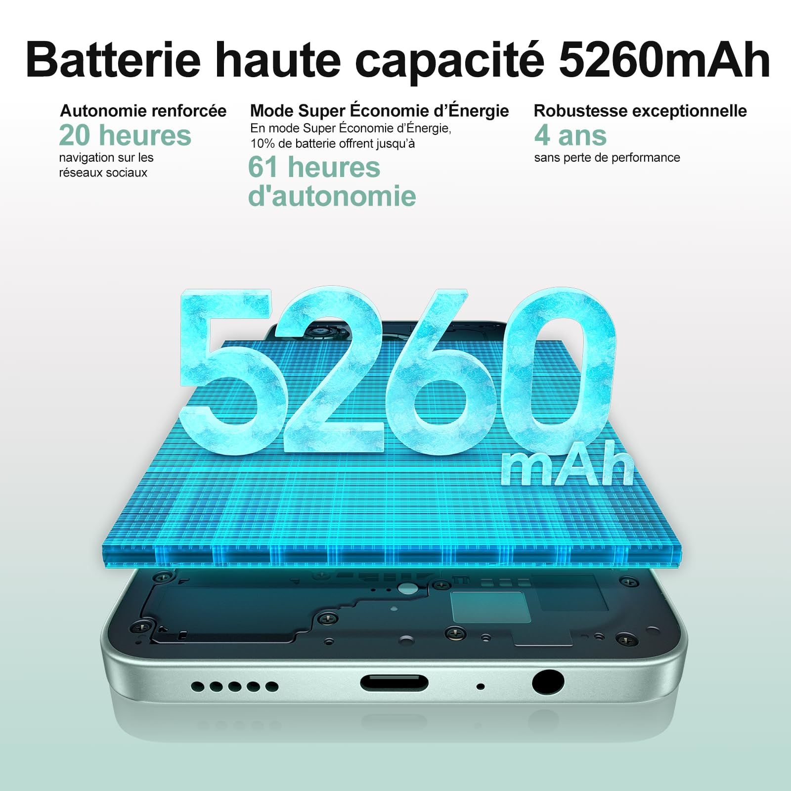 HONOR X5c Plus Smartphone, Écran Lumineux 6,74 Pouces 90Hz, Batterie 5130 mAh Longue Durée, 256GB Stockage, Double Appareil Photo 50 MP, Processeur 8 Cœurs (Ocean Cyan, 256, GB, Go, 4)