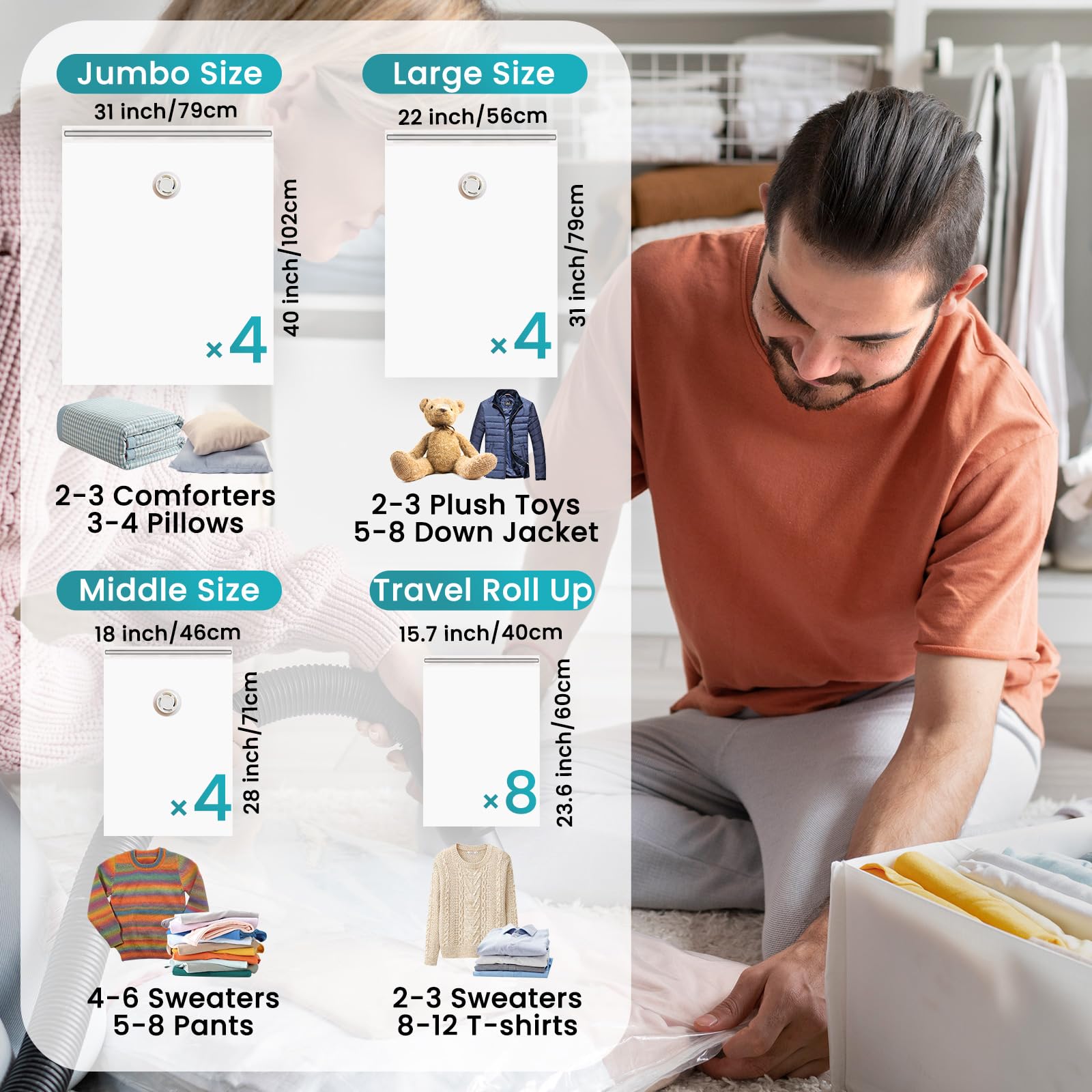 Jumbo Compressiezakken 120x100 Cm TAILI Vacuüm Opbergzakken 8 Stuks - 120x100 Cm, Zijrits, Herbruikbaar, Ruimtebesparend Voor Kleding En Beddengoed Tai Li Vacuümzakken Met Rits