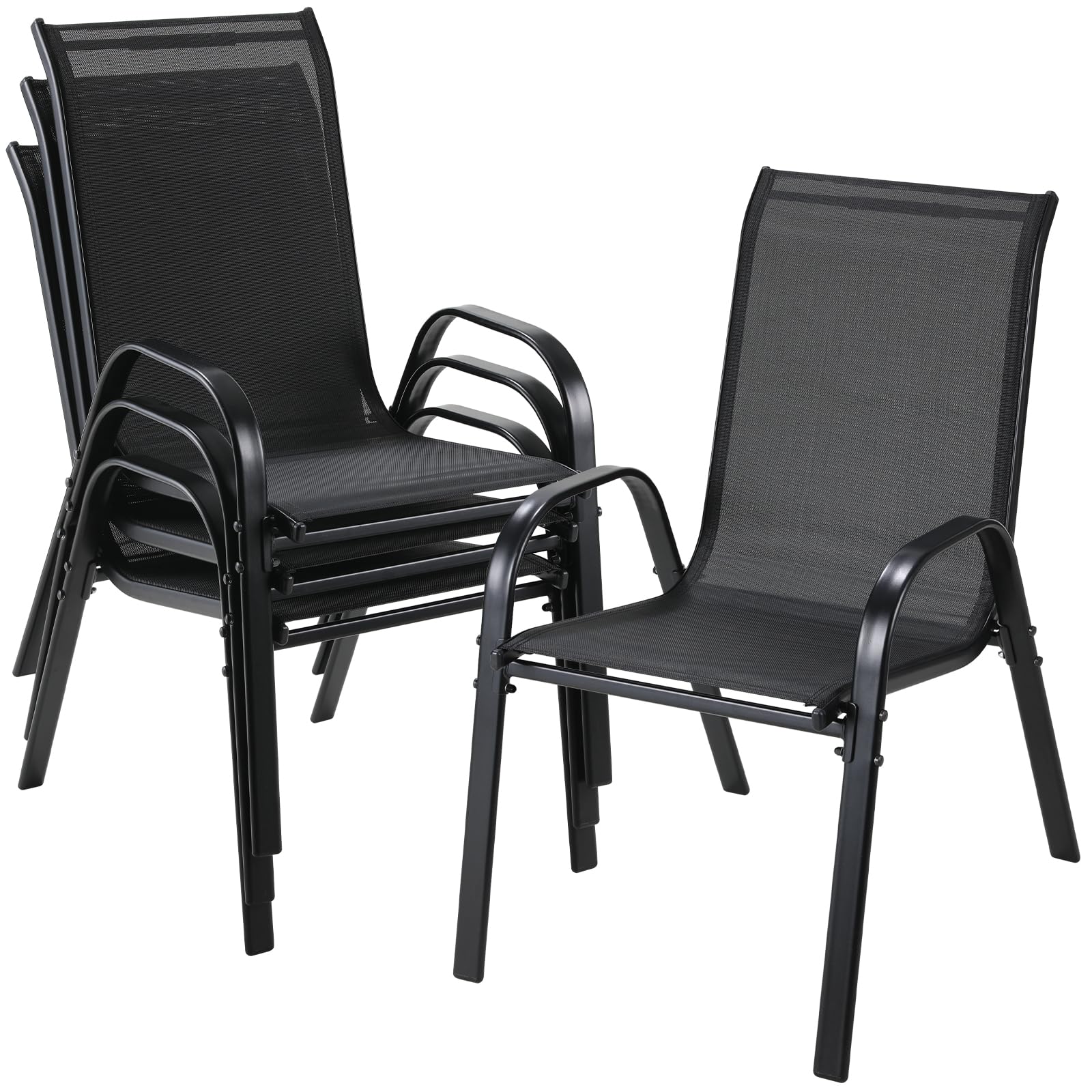LIFERUN Juego de 4 sillas de jardín apilables para camping, sillas apilables, con respaldo alto, estructura de acero textileno, para jardines, patios, balcones, restaurantes, 150 kg, soporta 54 x 69 x
