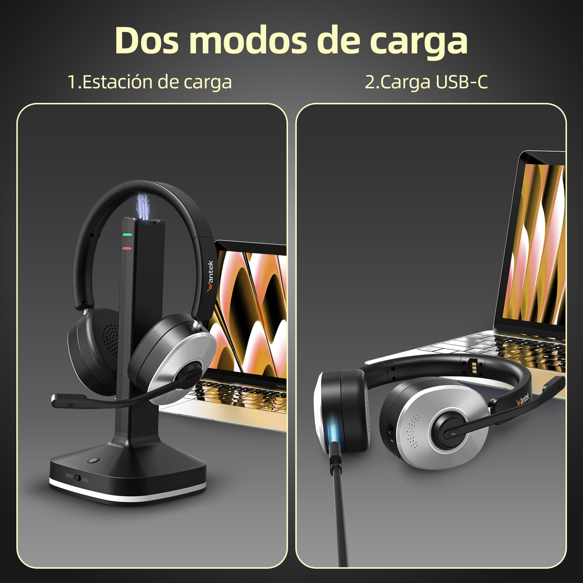 Wantek Auriculares inalámbricos Bluetooth con micrófono, estación de Carga, Dongle USB para PC Oficina Zoom Skype Laptop Centro de Llamadas