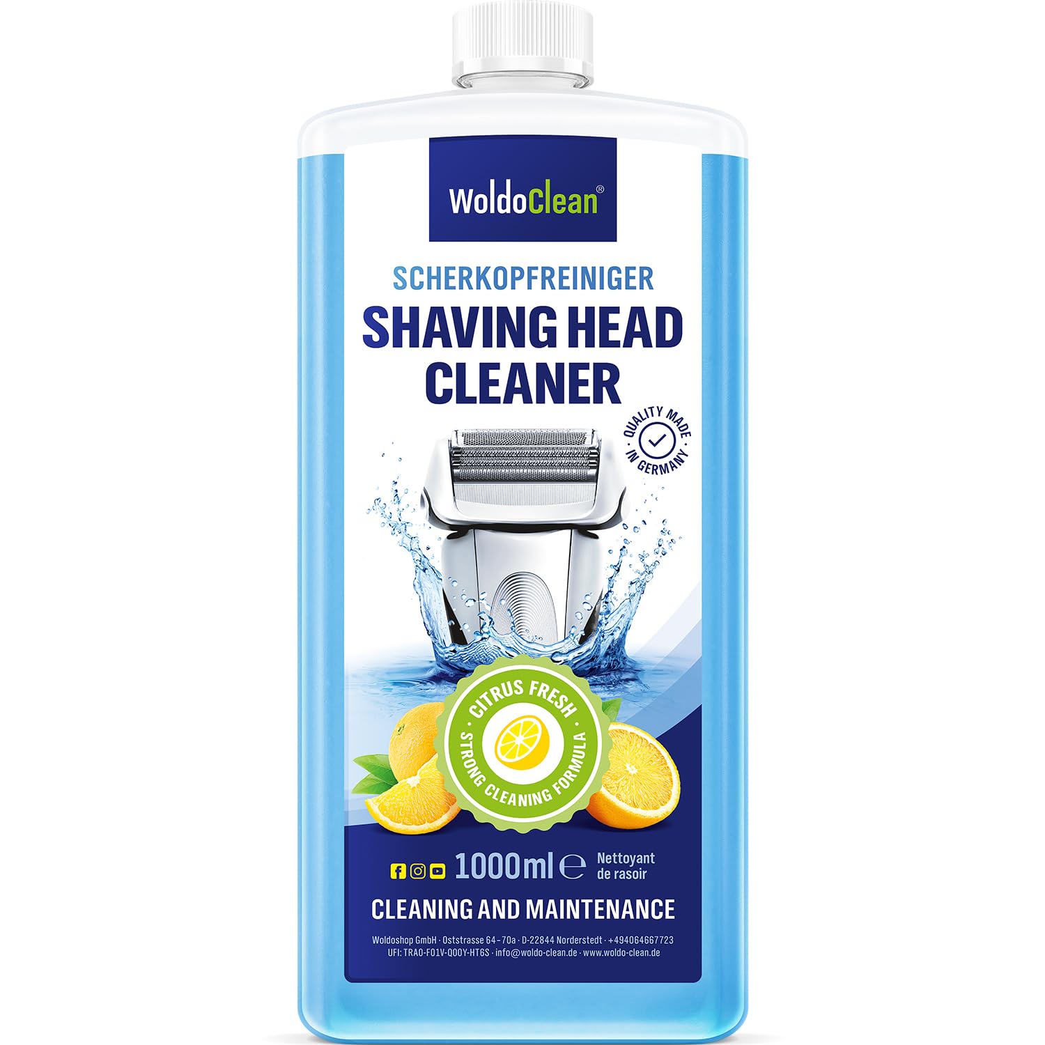 WoldoClean Liquido di Ricarica per Testine 1000ml - Compatibile con Cartucce Braun Clean & Renew, Detergente per Rasoi con Alcol e Profumo di Limone