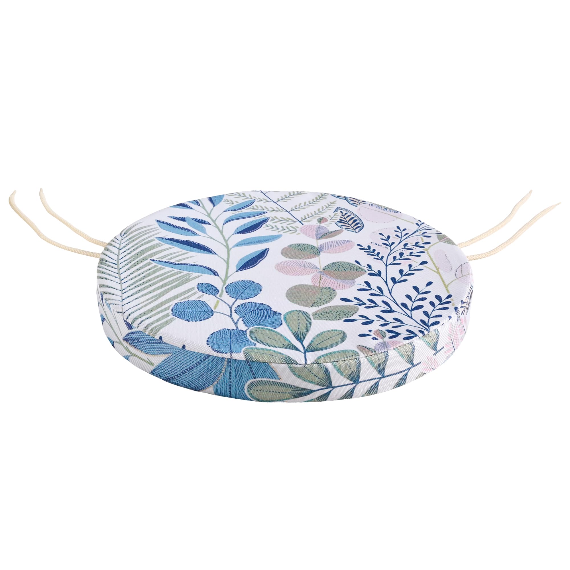 Round Bistro Circular Chair Cushion with Seat Ties - 35cm - Indoor and Outdoor Furniture Seating - Water-Resistant Polyester - Patio, Kitchen Dining, Lawn & Garden, Coffee Shop Use - Leafy Sprigs