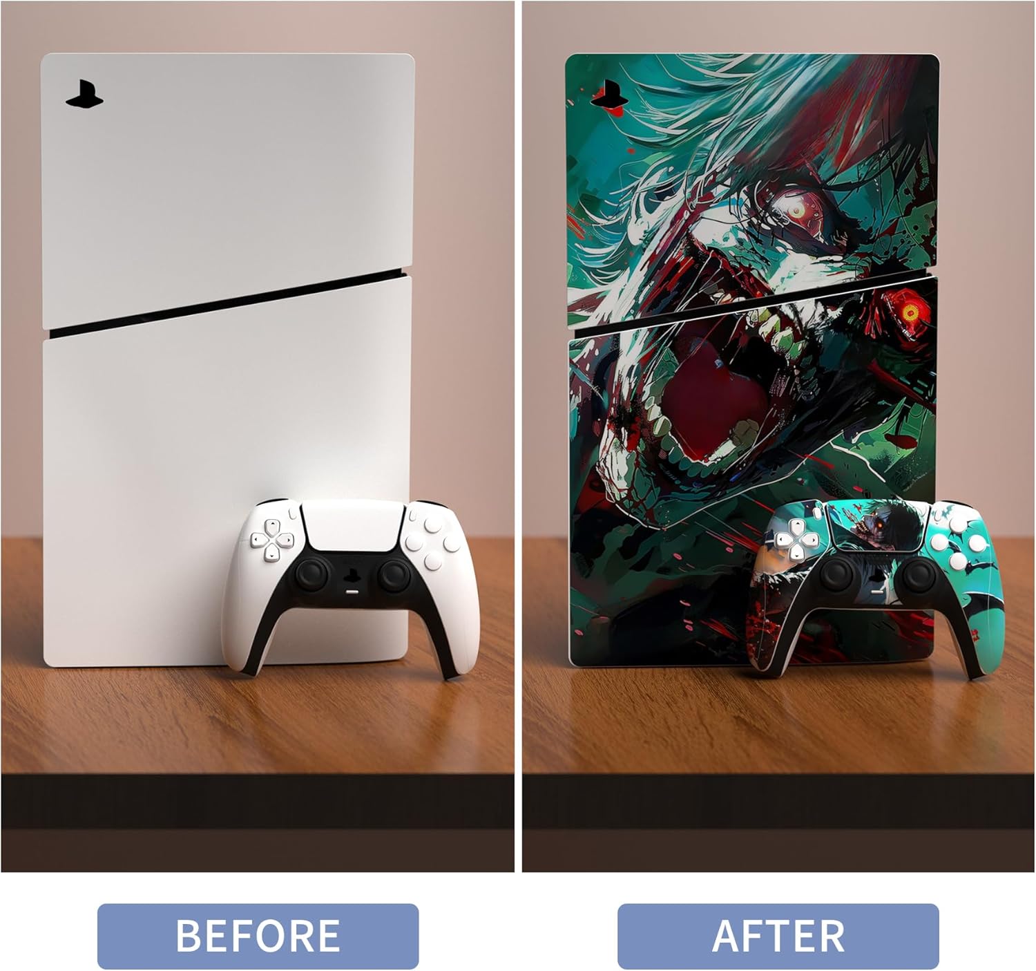 PlayVital Full Set Skin Sticker for ps5 Slim Console Digital Edition (The New Smaller Design), Vinyl Skin Decal Cover for ps5 Controller & Headset & Charging Station & Media Remote - Raging Zombie