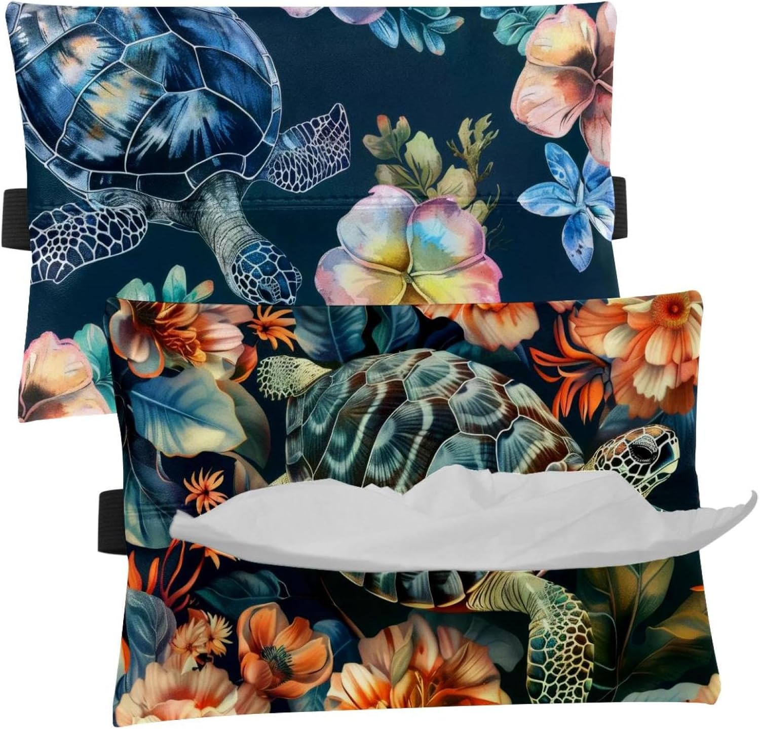 2 Pieces Tissues Purse Pocket Car Tissue Box Holder, Reusable Travel Car Visor Tissue Pouch Zipper Tissue Case for Vehicle Paper Storage (Blue Tortoise Flowers)
