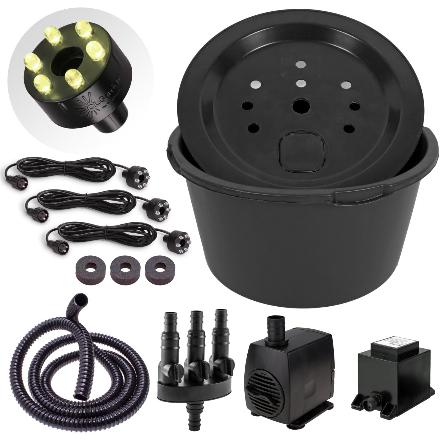 CLGarden Springbrunnenpumpen Set mit 90L Wasserbecken und 1300 l/h Pumpe, 3X LED Beleuchtung warmweiß für DIY Gartenbrunnen Quellstein Bachlauf