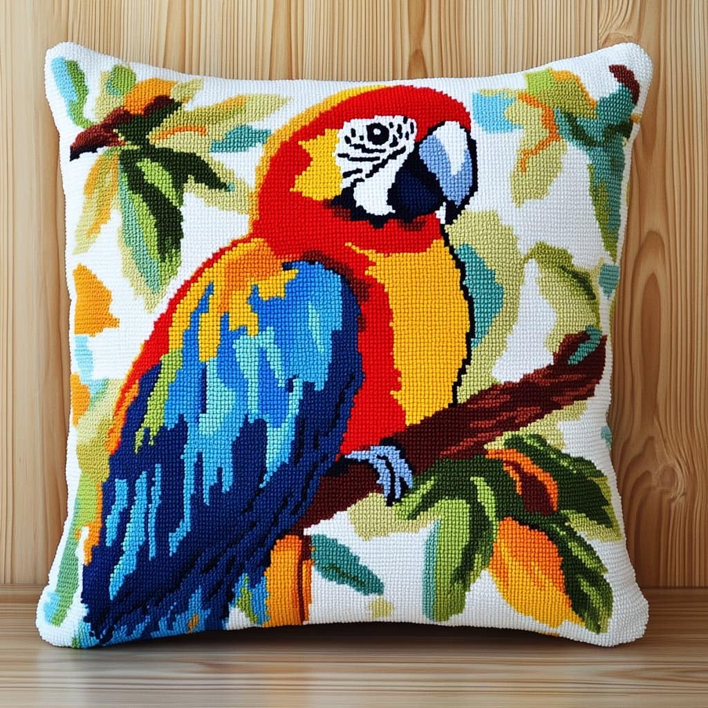 Taxpy DIY Latch Hook Cushion Kits, Parrot on a Branch DIY Latch Hook Embroidery Set Crochet Needlework Crafts Pillow with Printed Canvas 43x43cm