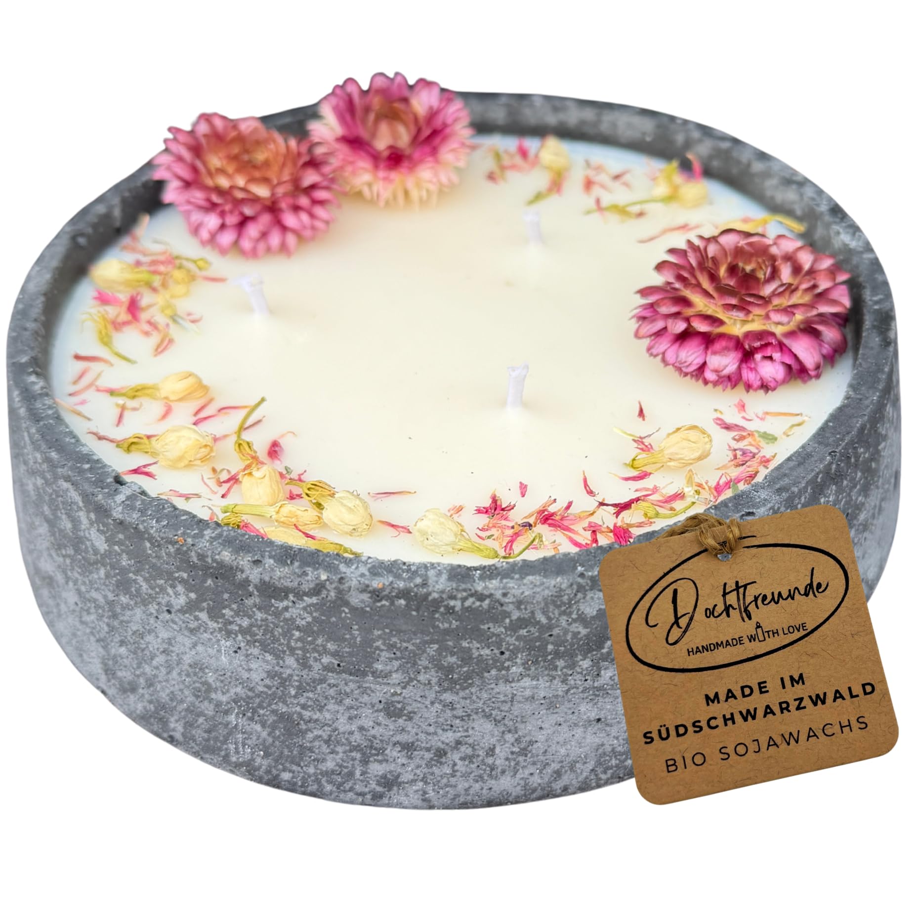 XL Betonkerze "Big Bloom" (Ø 18cm) | Handgegossene 3-Docht Sojawachs Kerze | Mit echten rosa Blüten | Vegan & Nachhaltig | Made in Germany (Frühlings-Deko & Geschenk) (Citronella)