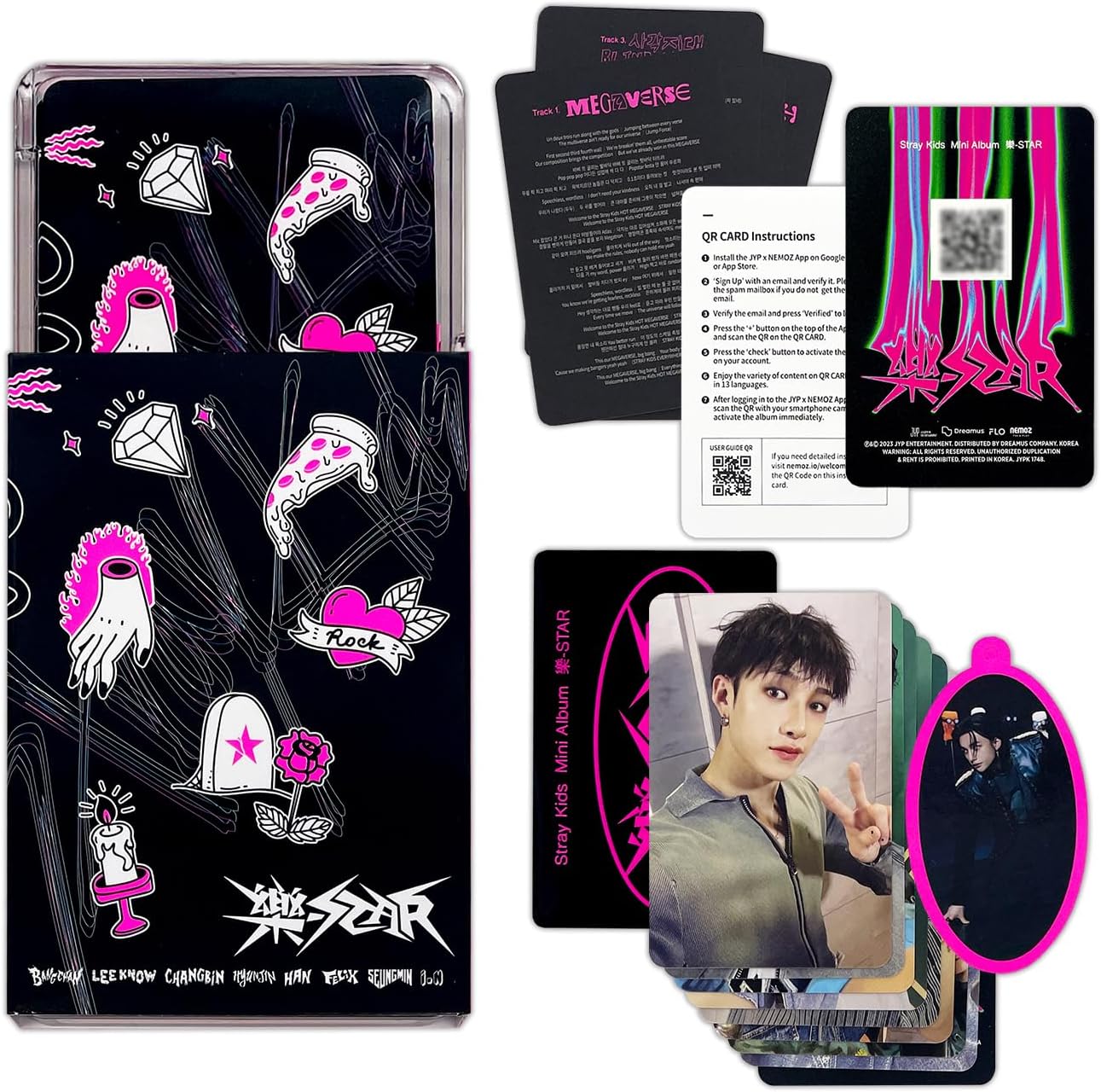 JYP Ent. Stray Kids - Rock-STAR (PLATFORM ALBUM NEMO Ver.) Display Album with Cover, QR Card, Sticker, Photocards, Ornament, Lyric Cards, 2 Pin Badges, 5 Extra Photocards