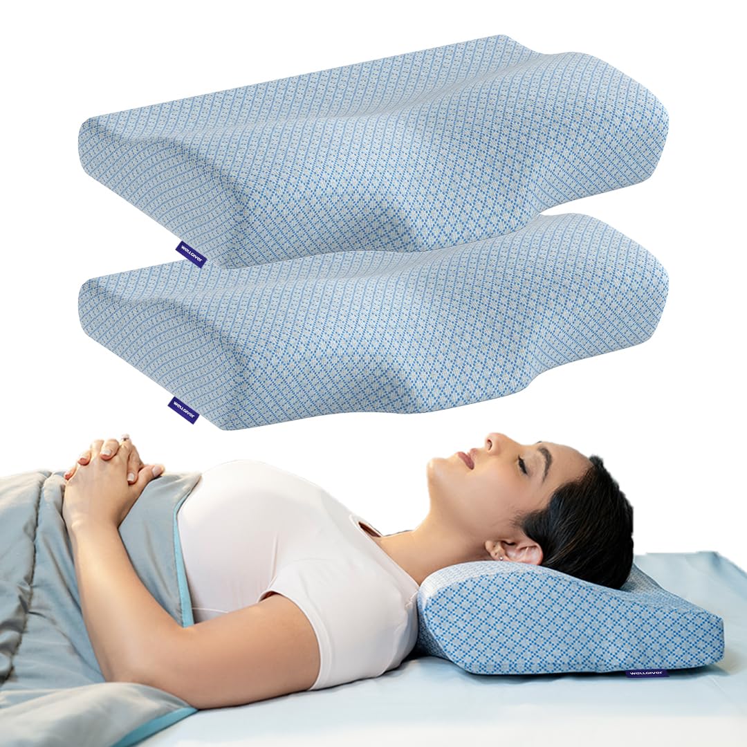 WELLGIVER Cervical Memory Foam Pillow for Neck Pain | 2 Year Warranty | 19 x 11 x 4 Inch Standard | Orthopedic Pillow Spondylitis Neck & Shoulder Pain | Washable Jacquard Blue Cover | Pack of 2 discount deal