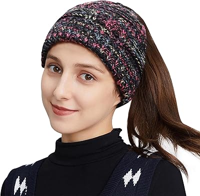Bocianelli Womens High Messy Bun Beanie Hat with Ponytail Hole, Winter Warm Trendy Knit Ski Skull Cap