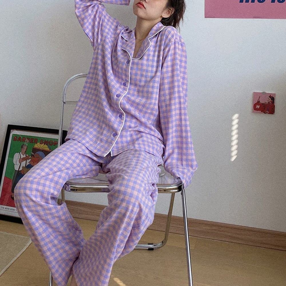 Pigiama Donna Corto Versatile A Quadri Dolce Pigiama in Cotone Pigiama Set Casual Manica Lunga Donna Pigiama Top & Pantaloni Indumenti da Notte Cozy Soft Loungewear