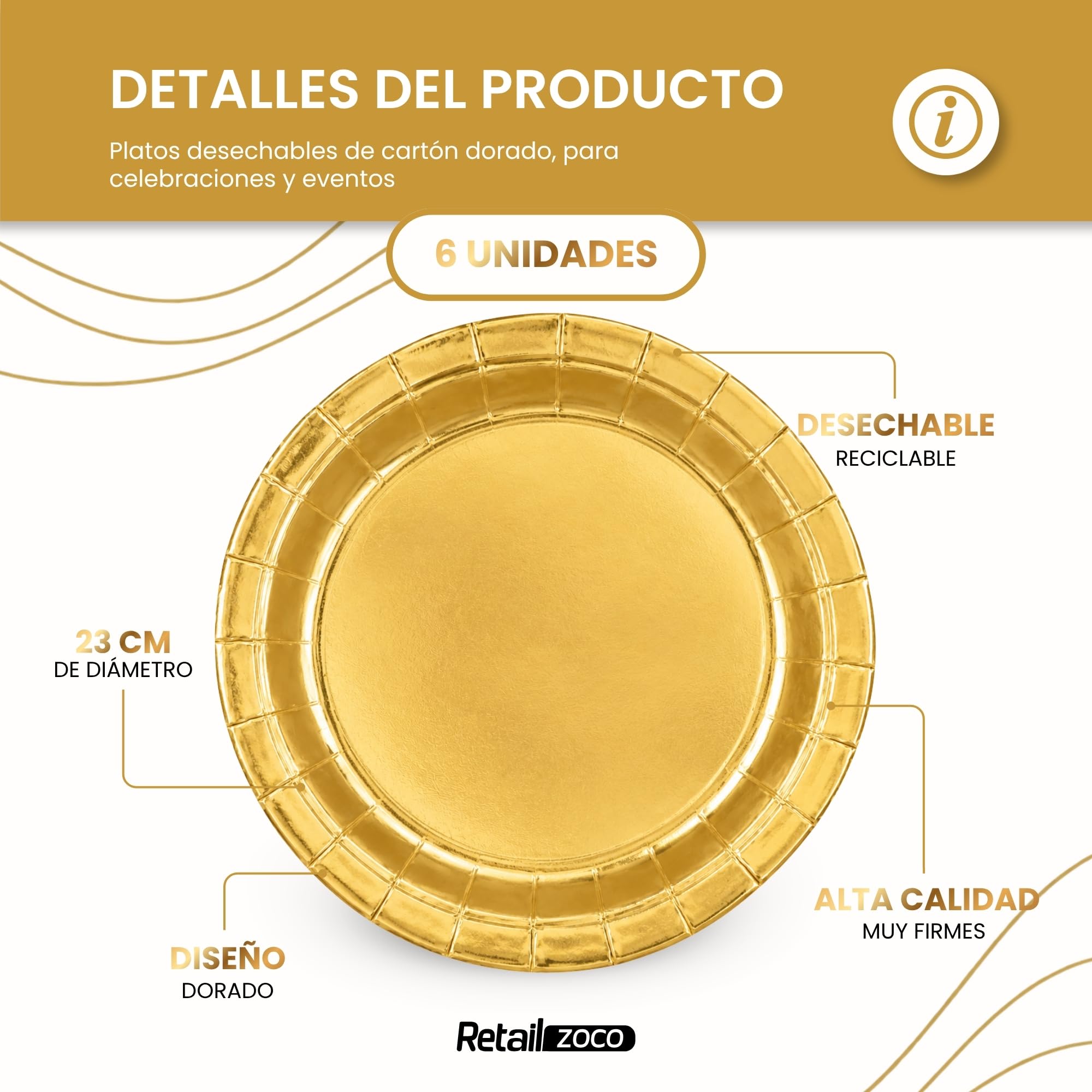 Platos de cartón, Platos Desechables cartón, Diseño Dorado, 6 Unidades - imagen 2