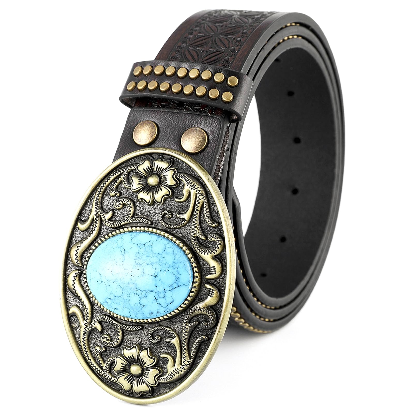Surrycee Western Leather Buckle Belts Cowboy Cowgirl Floral Engraved Belt Embossed Belts for Men Women, 38mm Wide, Multi Options,Stone,120cm/waist:40"~42"