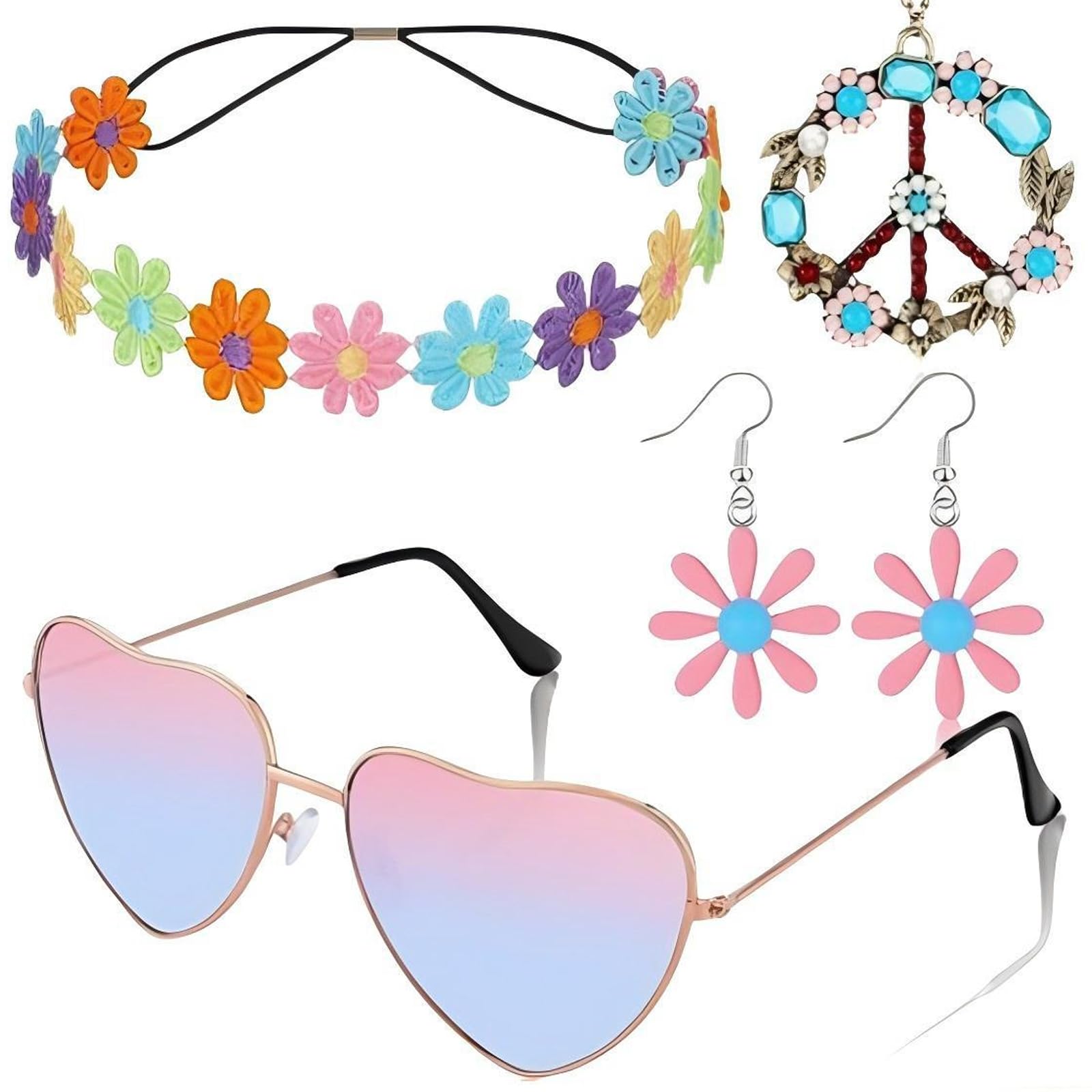 4 Pcs 60s 70s Hippie Women Accessories Set Fancy Dress for Women Including Vintage Hippie Glasses Daisy Headband Peace Sign Necklace Earrings Party Supplies for Groovy Cosplay Party Halloween (Pink)