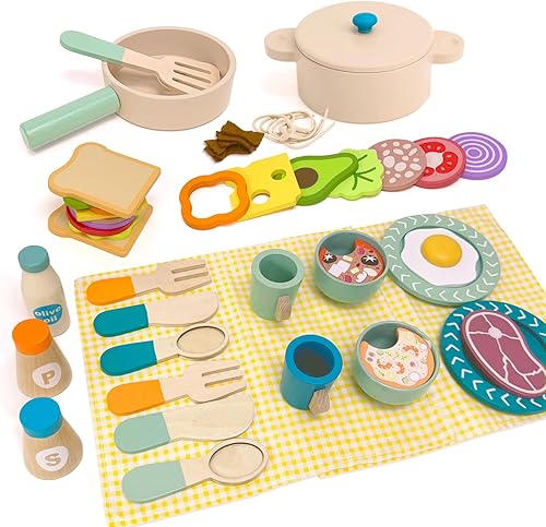 Juego de cocina de madera, juego de cocina de 36 piezas para niños pequeños, juegos de comida para niños, accesorios de cocina de madera con comida