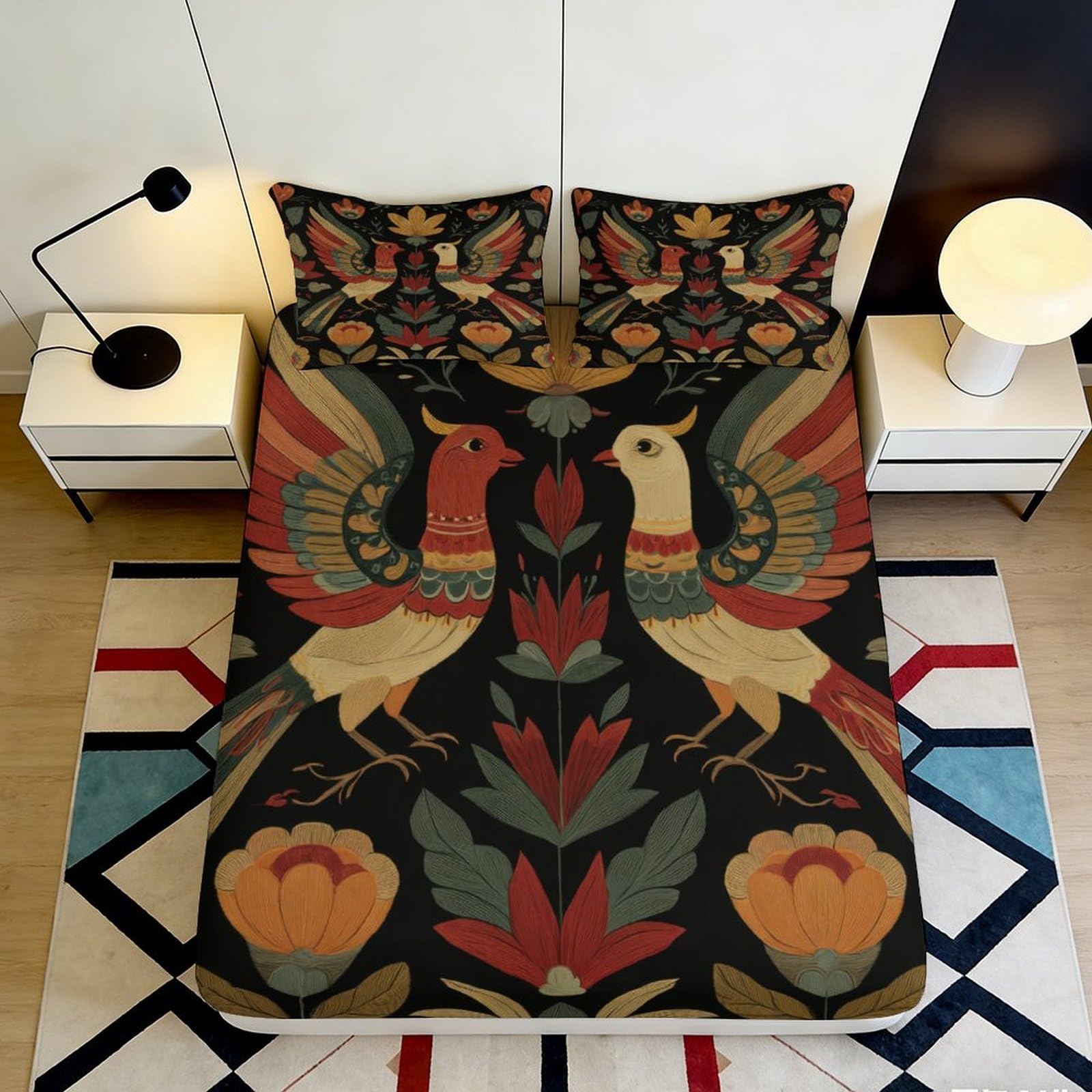 3D Printed Folk Bird Pattern Fitted Sheet Microfiber Soft Mattress Cover Floral Art for Bedroom Dorm Decor 140x200x25cm