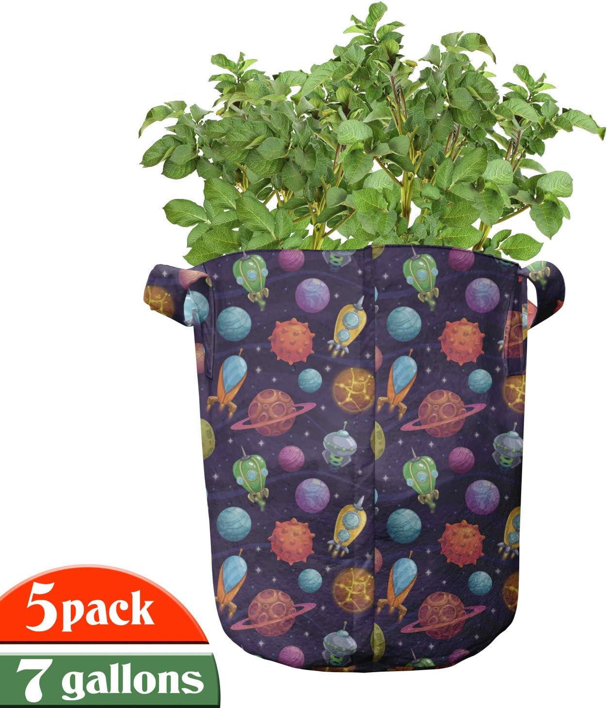 Lunarable Outer Space Grow Bags 5-Pack, Planets and Space Ships, Heavyduty Fabric Pots with Handles for Plants, 7 Gallon, Dark Blue