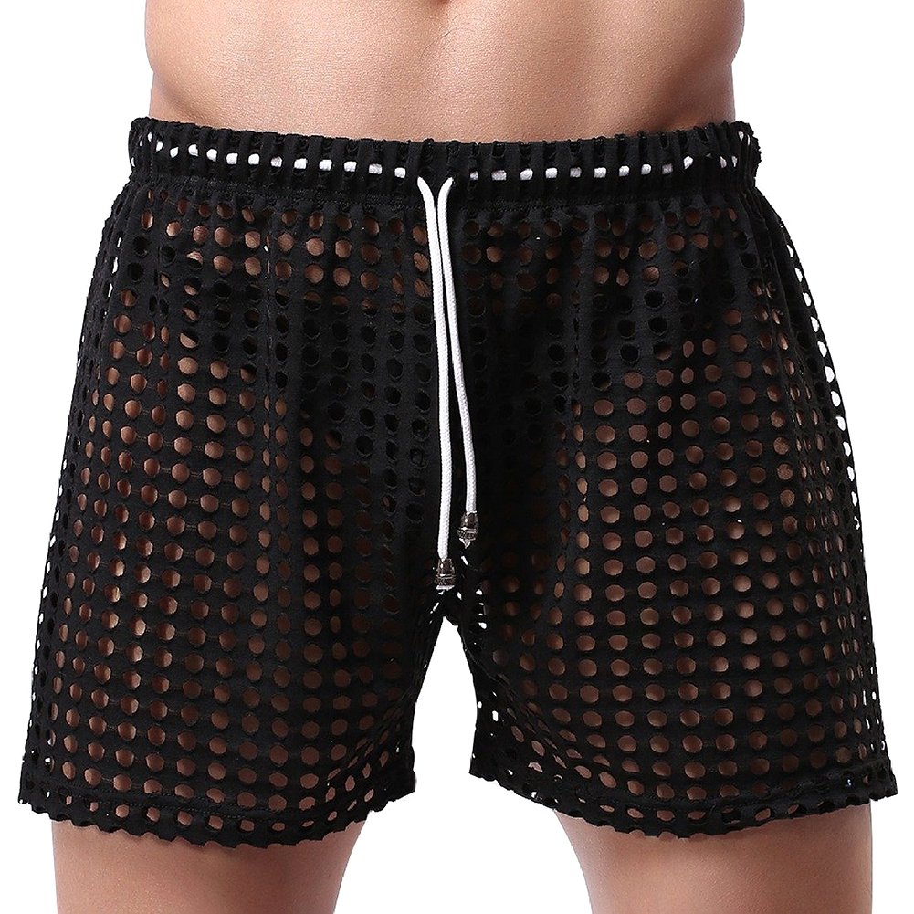 Mens Sexy Mesh Hollow Openwork Drawstring Lounge Underwear Shorts Boxers