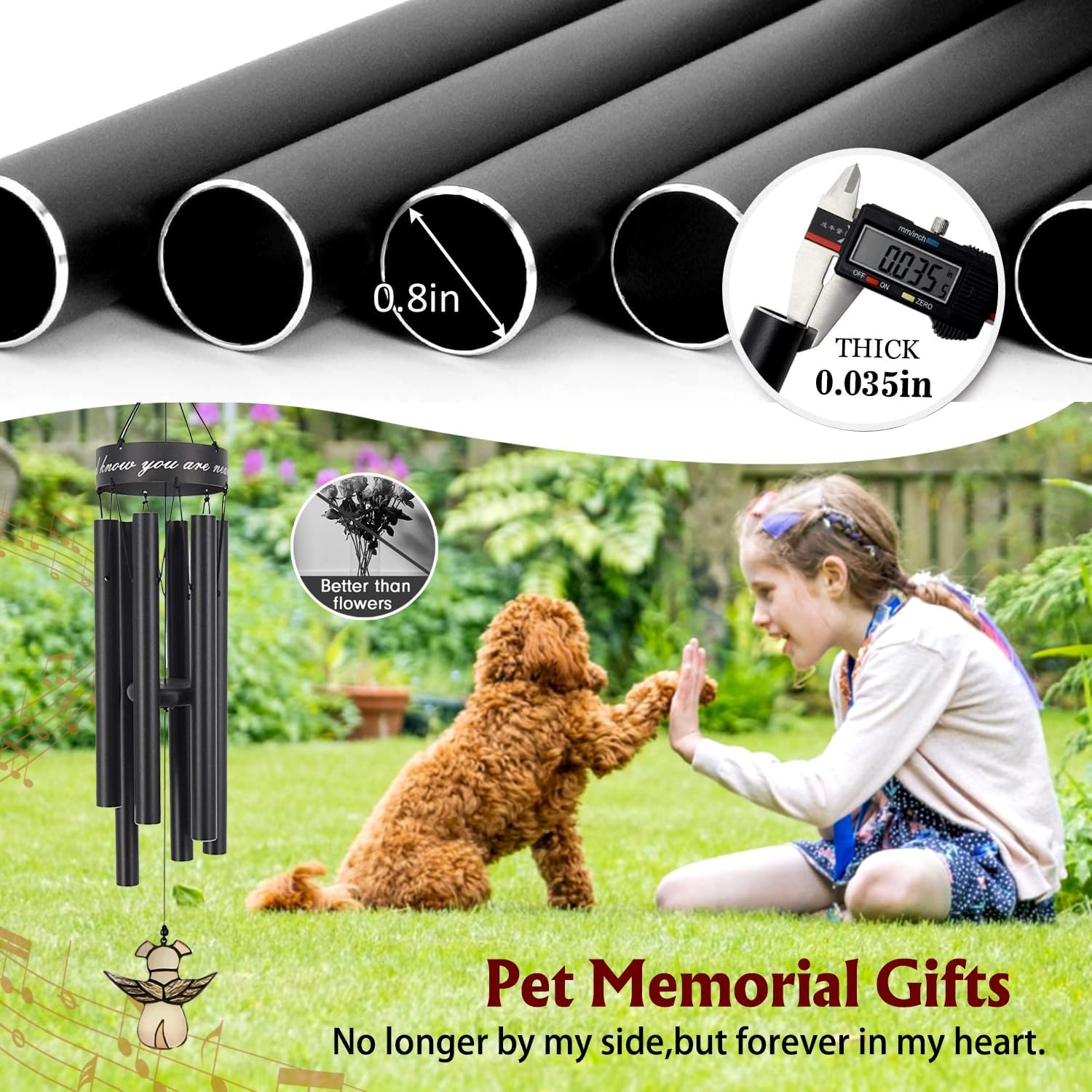 Pet Memorial Wind Chime, 30 Inches Paw Print Pet Remembrance Gift to Honor and Remember a Dog, Cat, or Other Pet, Premium Metal Wind Chime, Black