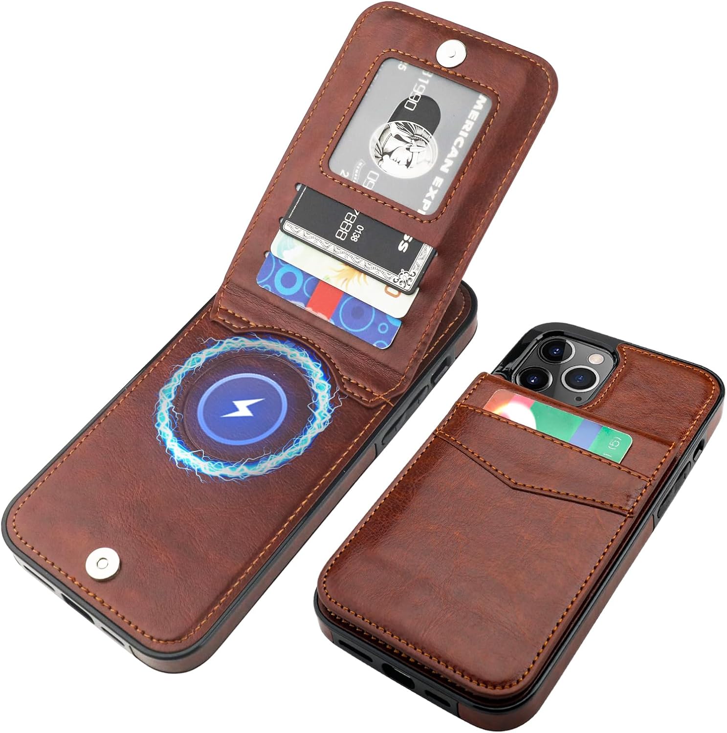 KIHUWEY for iPhone 12 Pro Max Case Wallet Compatible with MagSafe Wireless Charging, Credit Card Holder, RFID Flip Leather Magnetic Clasp Kickstand Heavy Duty Protective Cover 6.7 Inch (Brown)