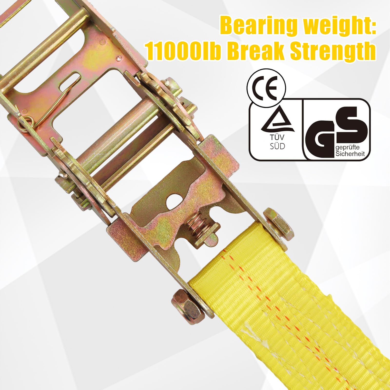 Set di 2 cinghie di fissaggio a cricchetto, 5 cm x 6 m, resistenza alla rottura, resistenti, cinghie di fissaggio con maniglia e gancio a J in metallo, per camion, auto, moto, colore giallo