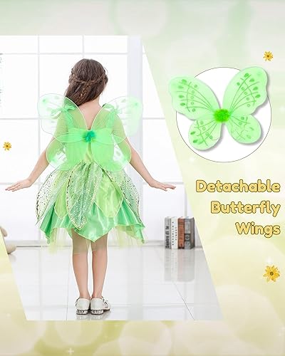 Miniatura 3 de Dressy Daisy Disfraz verde de hadas de Halloween para fiesta de cumpleaños con alas de mariposa para niñas pequeñas, talla 3T a 12