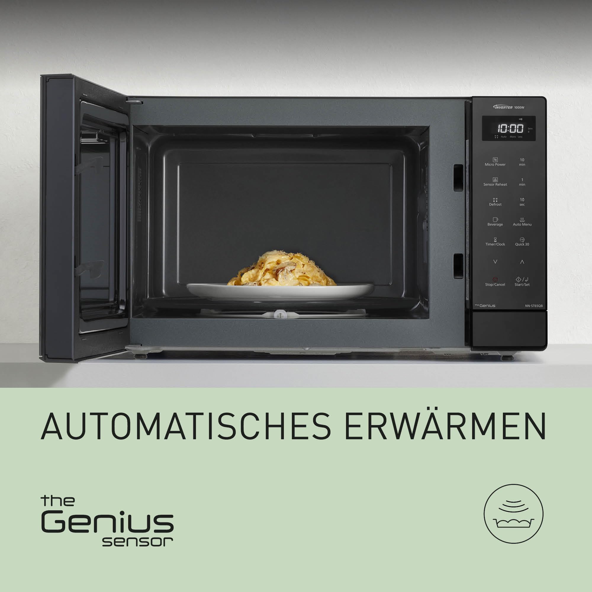 Panasonic NN-ST65QBEPG 32L Inverter Solo Mikrowelle, 1000 Watt Leistung, Genius Sensor Technologie, 20 Automatikprogramme, Quick 30 Funktion, Touch-Bedienung, Großer Drehteller, Schwarz