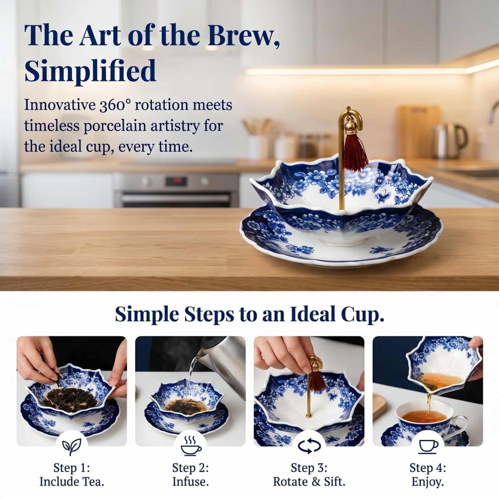 Umbrella Forma Tè Filtro in Ceramica, Cinese Blu E Bianco in Porcellana Tè Filtro Ombrello, 2026 Aggiornato Diffusore Ombrello, Con Design Rotante Per La Produzione Di Tès (B*2)