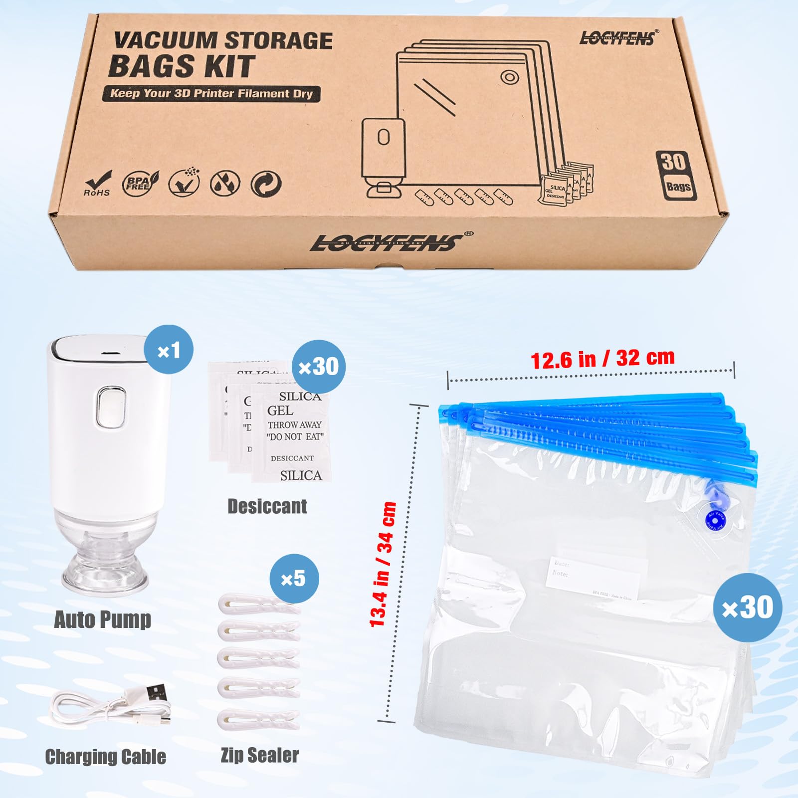 LOCYFENS Filament Storage Bags Electric Pump Kit 30Pcs, Pro Size 13.4X12.6inch 3D Printer Filament Storage Bags Vacuum 30 Desiccants, Auto Pump,Perfect for 3D Filament Storage