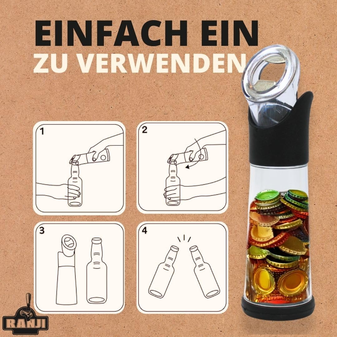 Ranji - Flaschenöffner mit integriertem Behälter – Kronkorken einfach sammeln und recyceln | Cooler Flaschenöffner für Bierliebhaber