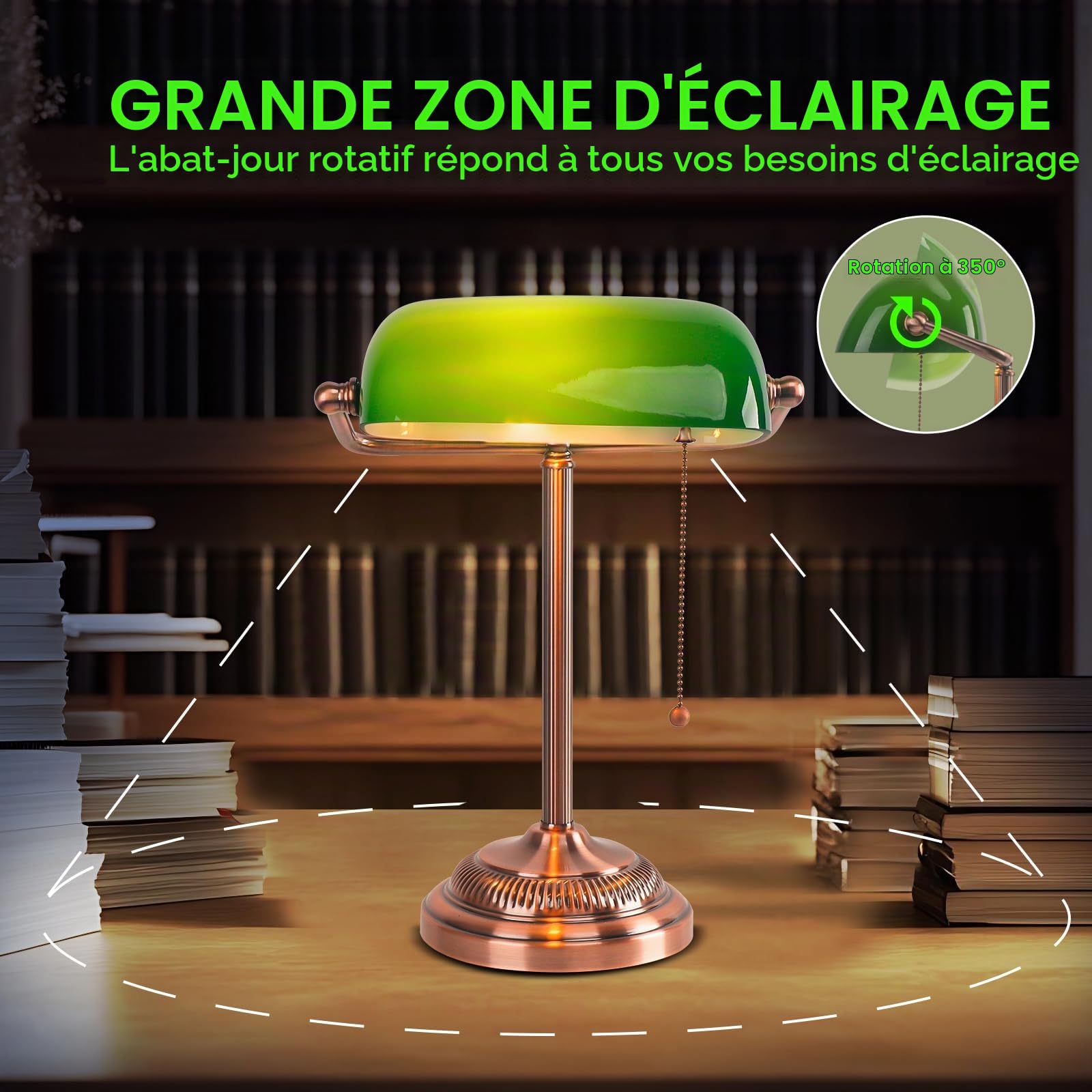 FIRVRE Lampe de bureau Banker, abat-jour en verre vert, lampe de bureau vintage avec interrupteur à chaîne, lampes de table rétro pour bureau à domicile, bibliothèque, piano