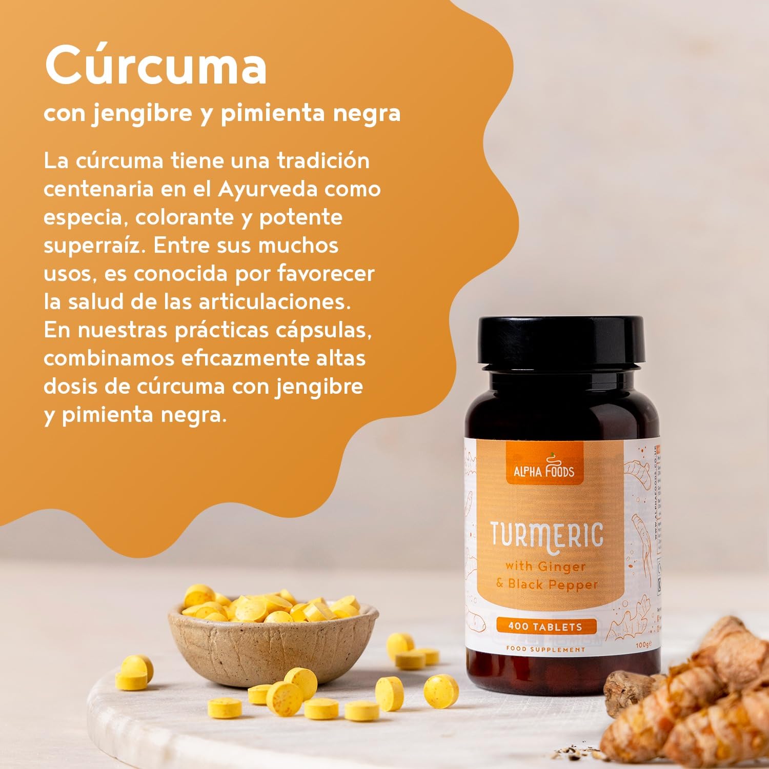 Curcuma con Pimienta Negra y Jengibre 2500mg | 400 Comprimidos | Alta Concentración Curcumina y Piperina | Vegano | Alternativa a las Tumeric Cápsulas y en Polvo | Alpha Foods