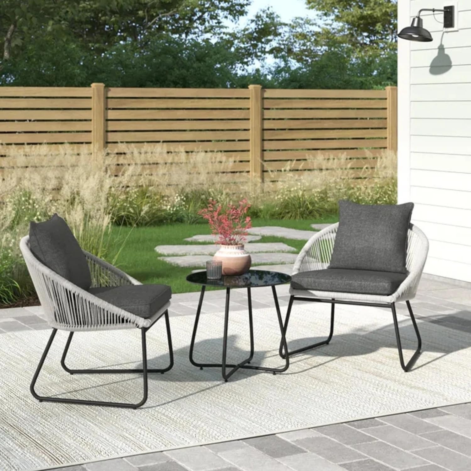 DEVOKO All Weather Outdoor Grey Rope Patio Set with Dark Grey Cushion and Coffee Table for Garden, Deck, Lawn, Poolside