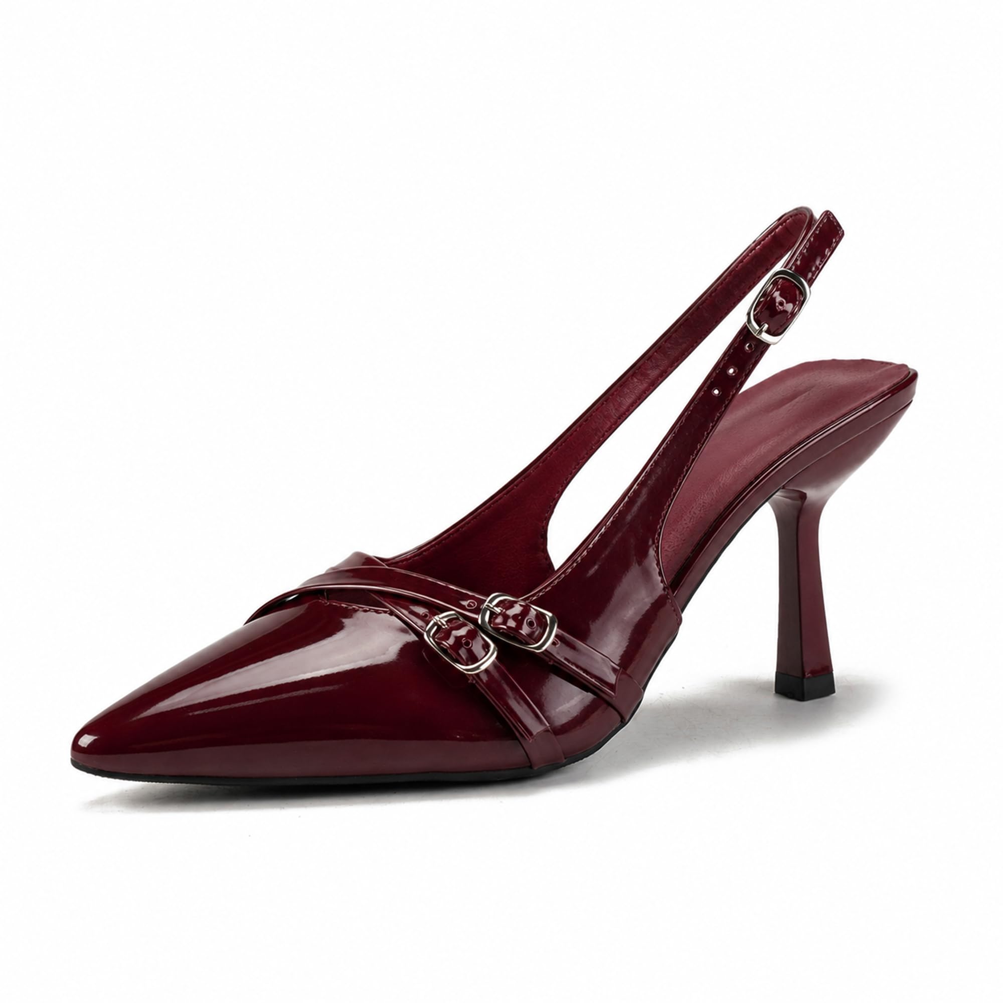 Women's Slingback Heels with Buckle Straps – Pointed Toe Burgundy Patent Leather Dress Sandals – Sexy Stiletto Pumps for Work, Party, Wedding and Evening Outfits