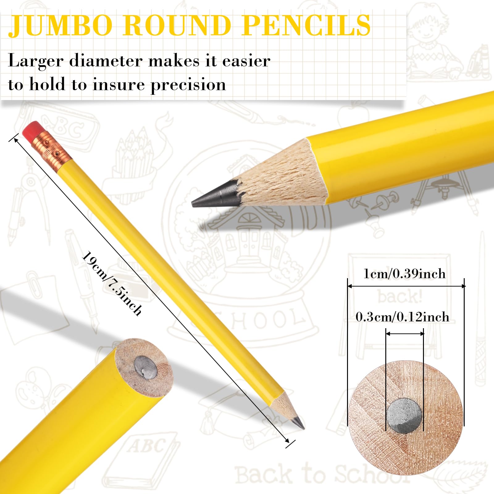 Fainne Lot de 48 crayons ronds géants en bois avec noyau noir pour charpentiers, travailleurs du bâtiment, encadreurs, débutants, étudiants, enseignants, projet de bricolage (jaune, rond)
